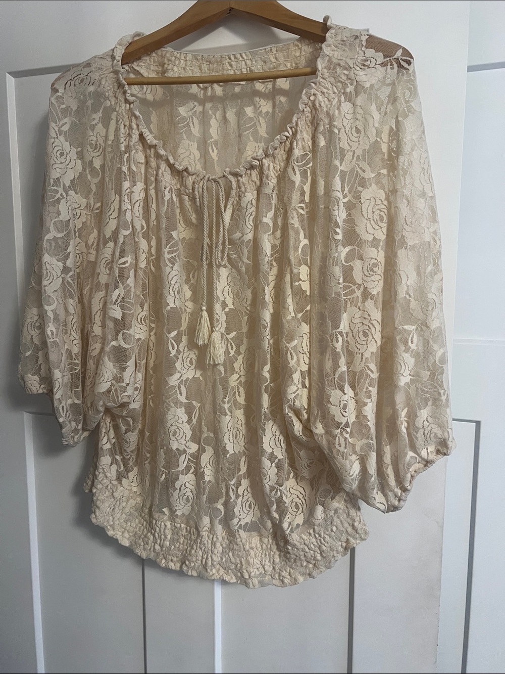 Boho Lace Tie-Front Peasant Blouse - Cream